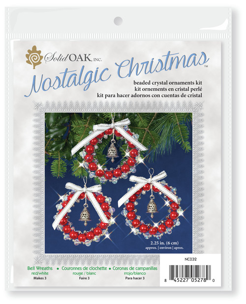 Solid Oak Nostalgic Christmas Beaded Crystal Ornament Kit-Bell Wreaths Red/White/Silver Makes 3 - NCHBOK-032 - 845227052780