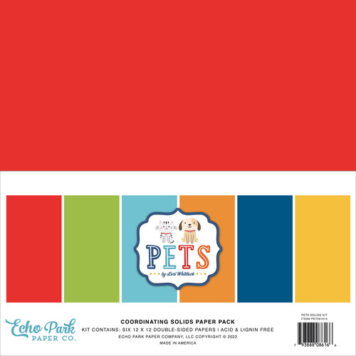 Echo Park Double-Sided Solid Cardstock 12"X12" 6/Pkg-Pets, 6 Colors ET293015 - 793888086166