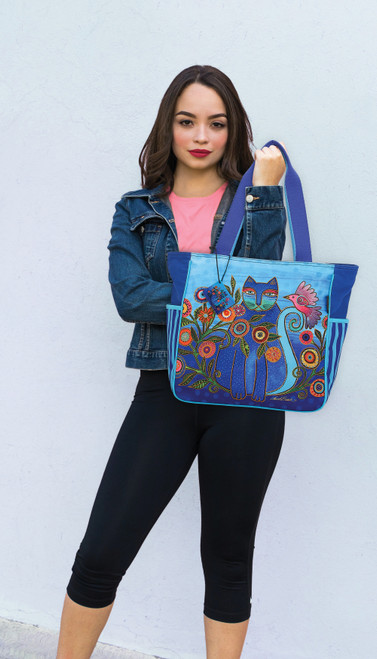 Laurel Burch Shoulder Tote Zipper Top 18"X6"X14"-Cerulean Cat LB8260