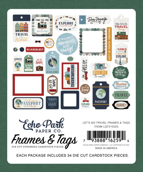 3 Pack Echo Park Cardstock Ephemera 33/Pkg-Frames & Tags, Let's Go Travel GT310025