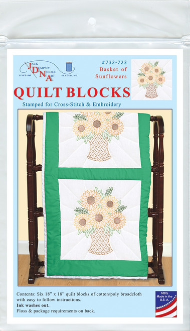 Jack Dempsey Stamped White Quilt Blocks 18"X18" 6/Pkg-Basket Of Sunflowers 732 723 - 013155477238