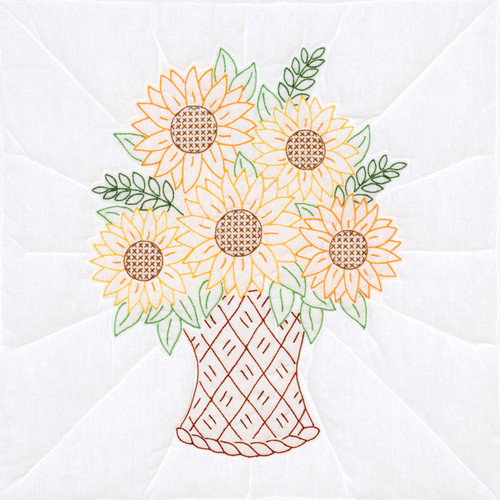 Jack Dempsey Stamped White Quilt Blocks 18"X18" 6/Pkg-Basket Of Sunflowers 732 723