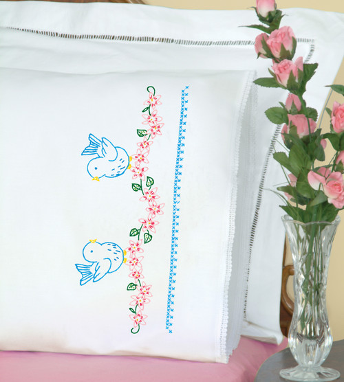Jack Dempsey Stamped Pillowcases W/White Lace Edge 2/Pkg-Love Birds 1800 788
