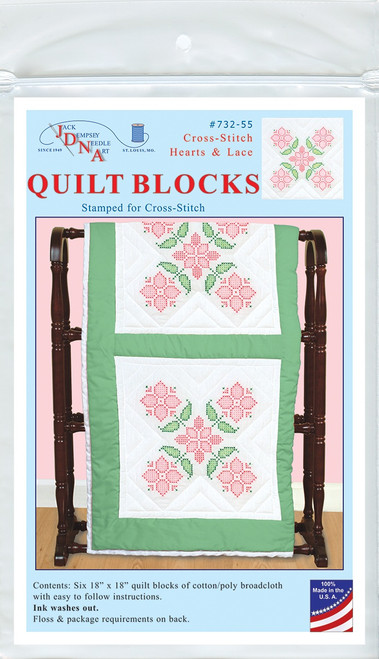 Jack Dempsey Stamped White Quilt Blocks 18"X18" 6/Pkg-Cross-Stitch Pretty In Pink 732 55 - 013155470550