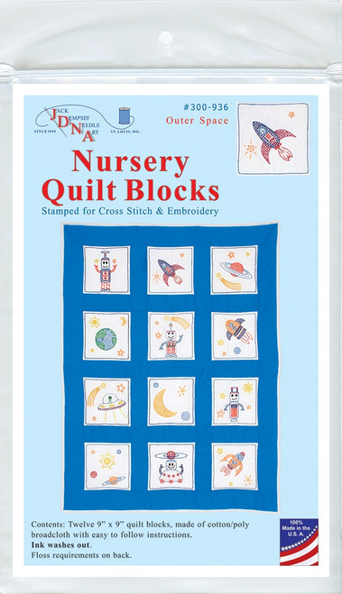 Jack Dempsey Stamped White Nursery Quilt Blocks 9"X9" 12/Pkg-Outer Space 300 936 - 013155159363