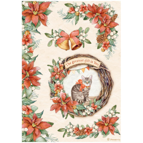 6 Pack - Stamperia Rice Paper Sheet A4-Garland With Cat, All Around Christmas - DFSA4803 - 5993110029106