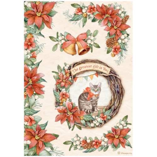 6 Pack Stamperia Rice Paper Sheet A4-Garland With Cat, All Around Christmas DFSA4803 - 5993110029106