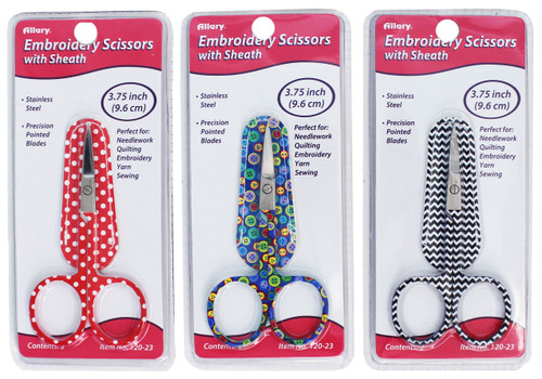 12 Pack Allary Embroidery Scissors W/Leather Sheath 3.75"-Assorted Buttons, Dots And Chevron 12023A - 750557120231