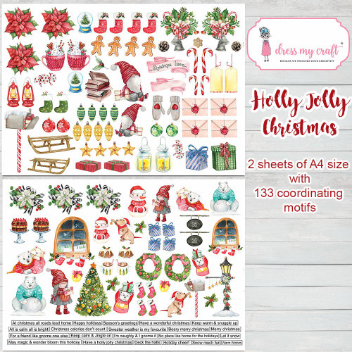 4 Pack Dress My Craft Image Sheet 240gsm A4 2/Pkg-Holly Jolly Christmas, 2 sheets 133 piec DMCP7393 - 194186018406