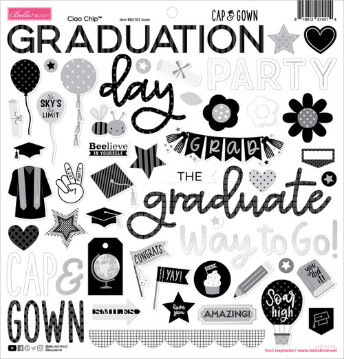 2 Pack Bella Blvd Chipboard Stickers 12"X12"-Icons, Cap & Gown BBCG2703 - 819812014514