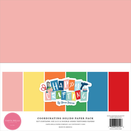 2 Pack Carta Bella Double-Sided Solid Cardstock 12"X12" 6/Pkg-Happy Crafting, 6 Colors CR157015 - 793888095496