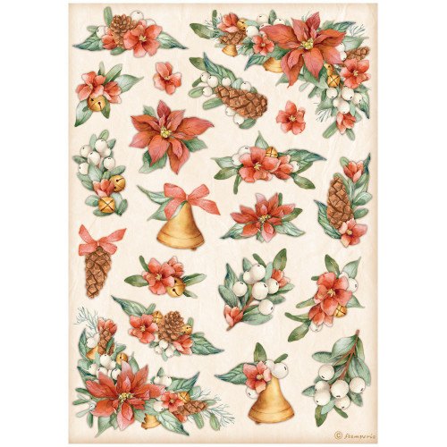 6 Pack Stamperia Rice Paper Sheet A4-Poinsettia & Bells, All Around Christmas DFSA4806 - 5993110029137