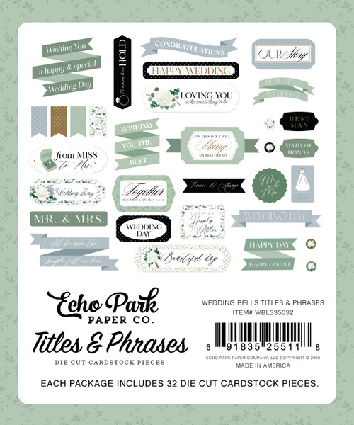 Echo Park Cardstock Ephemera-Titles & Phrases, Wedding Bells BL335032