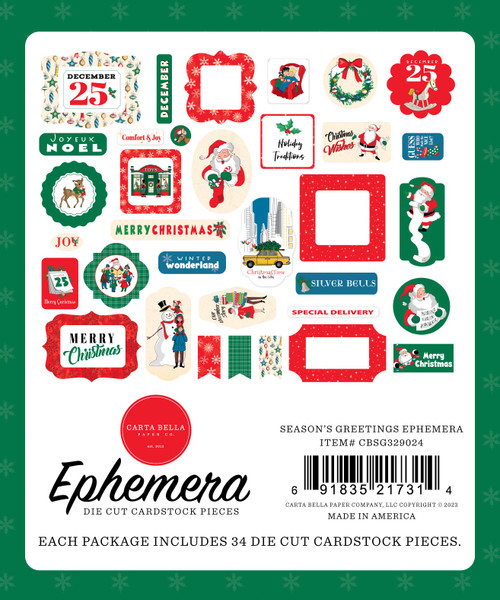 3 Pack - Carta Bella Cardstock Ephemera-Icons, Season's Greetings - SG329024