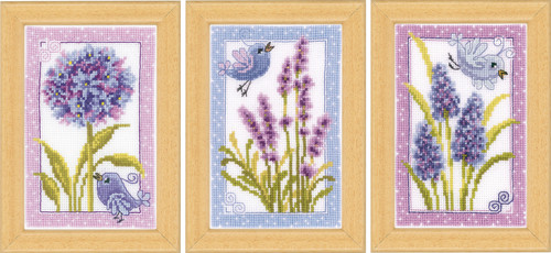 Vervaco Counted Cross Stitch Miniatures Kit 3.2"X4.8" 3/Pkg-Bird With Flowers (18 Count) V0143718