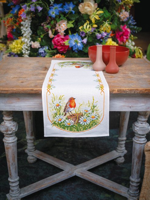 Vervaco Counted Cross Stitch Table Runner Kit 12.8"X33.6"-Daisies and Robin on Aida (11 Count) V0021791