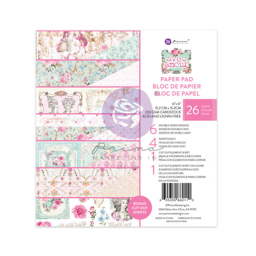 Prima Marketing Double-Sided Paper Pad 6"X6" 26/Pkg-Avec Amour, 6 Designs AA662110 - 655350662110