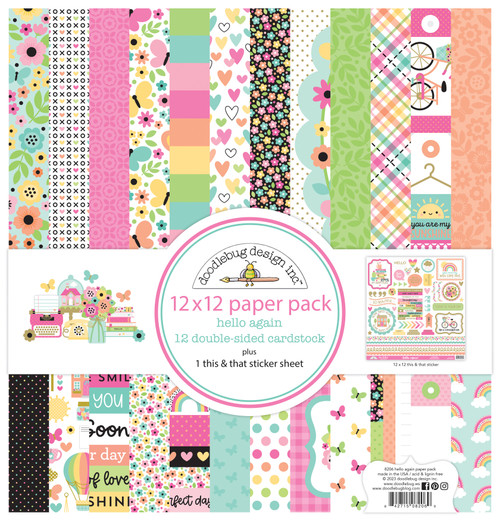 Doodlebug Double-Sided Paper Pack 12"X12" 12/Pkg-Hello Again - DB8206 - 842715082069 Doodlebug Double-Sided Paper Pack 12"X12" 12/Pkg-Hello Again - DB8206 - 842715082069