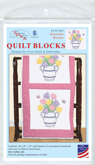 Jack Dempsey Stamped White Quilt Blocks 18"X18" 6/Pkg-Beautiful Blooms 732 684 - 013155476842
