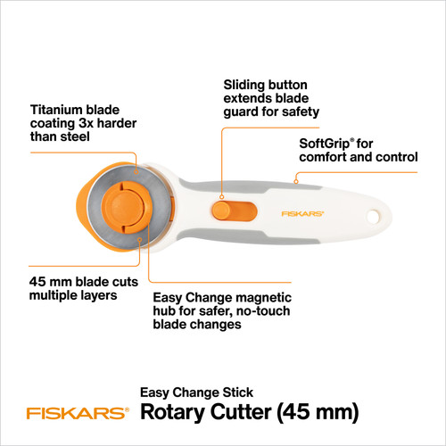 Fiskars Easy Change Stick Rotary Cutter 45mm-Orange / White - 1065933 Fiskars Easy Change Stick Rotary Cutter 45mm-Orange / White - 1065933