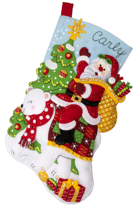 Bucilla Felt Stocking Applique Kit 18" Long-Santa's Polar Bear Ride 89596E - 046109895963