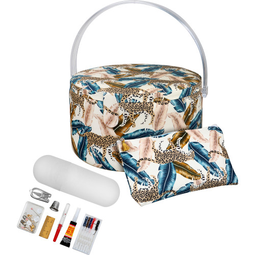 SINGER Sew'n Stow Sewing Basket Kit 32pcs and Zipper Pouch-Jungle Print 00071