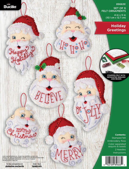 Bucilla Felt Ornaments Applique Kit Set Of 6-Holiday Greetings 89663E - 046109896632