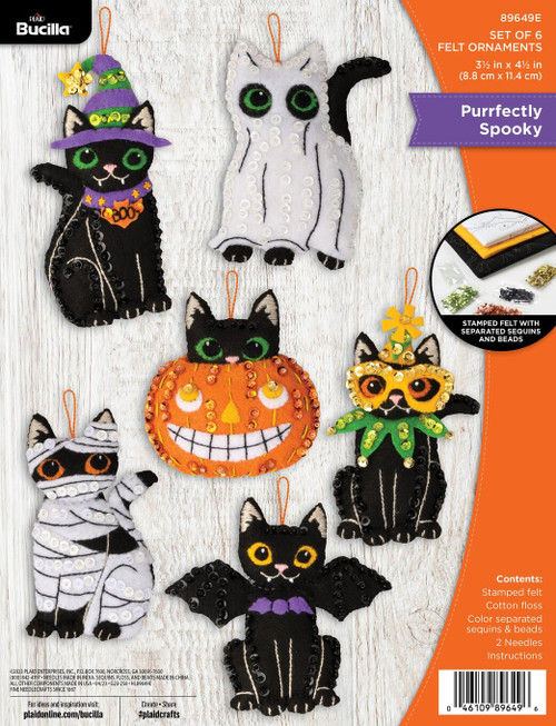 Bucilla Felt Ornaments Applique Kit Set Of 6-Purrfectly Spooky 89649E - 046109896496