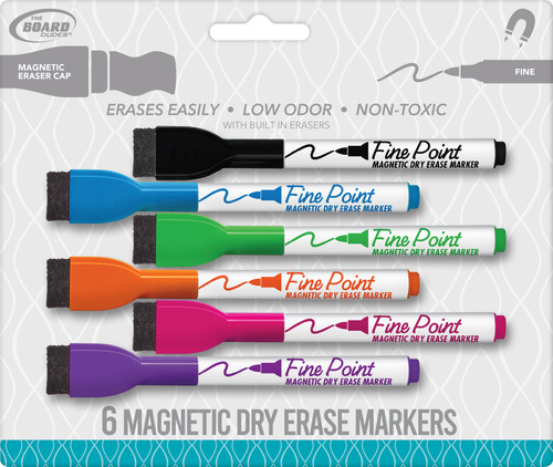 6 Pack Board Dudes Magnetic Fine Tip Dry Erase Markers 6/Pkg-Assorted With Eraser DDM77 - 714963045601
