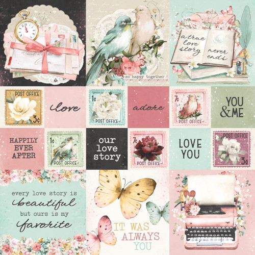 25 Pack Simple Vintage Love Story Double-Sided Cardstock 12"X12"-2X2/4X4 Elements VLO12-21413