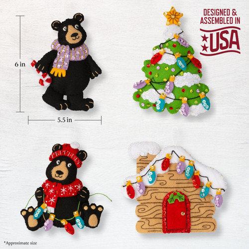 Bucilla Felt Ornaments Applique Kit Set Of 4-Holiday Black Bears 89665E