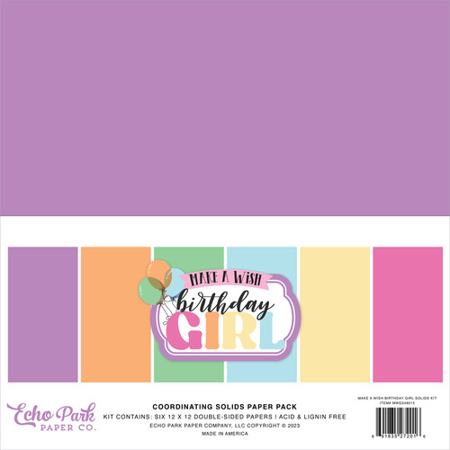 Echo Park Double-Sided Solid Cardstock 12"X12" 6/Pkg-Make A Wish Birthday Girl, 6 Colors WG349015 - 691835272016