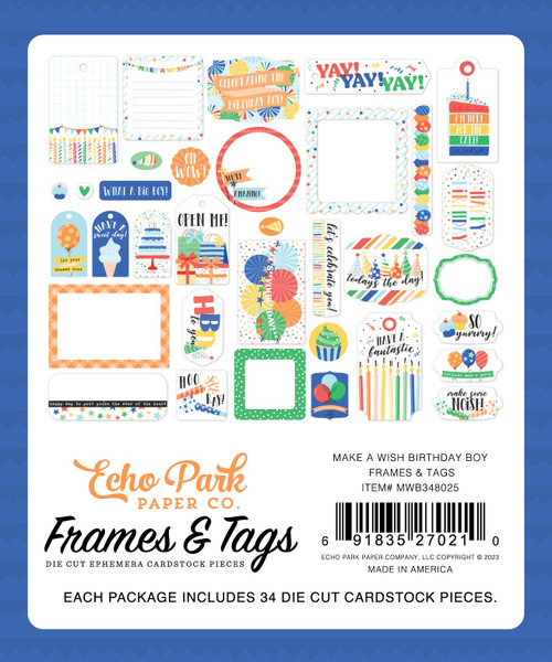 Echo Park Cardstock Ephemera 34/Pkg-Frames & Tags, Make A Wish Birthday Boy WB348025