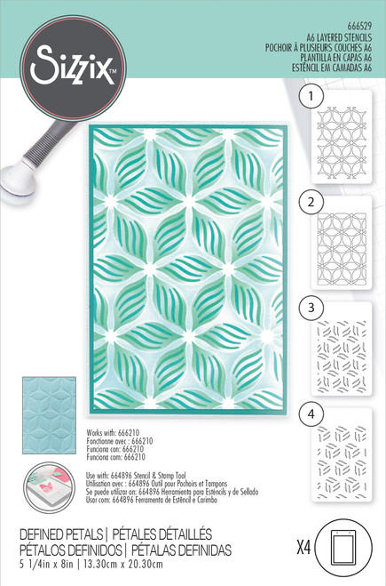 Sizzix A6 Layered Stencils 4/Pkg-Defined Petals - 666529 - 630454287803