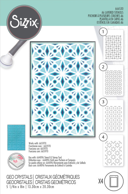 Sizzix A6 Layered Stencils 4/Pkg-Geo Crystals - 666530 - 630454287810