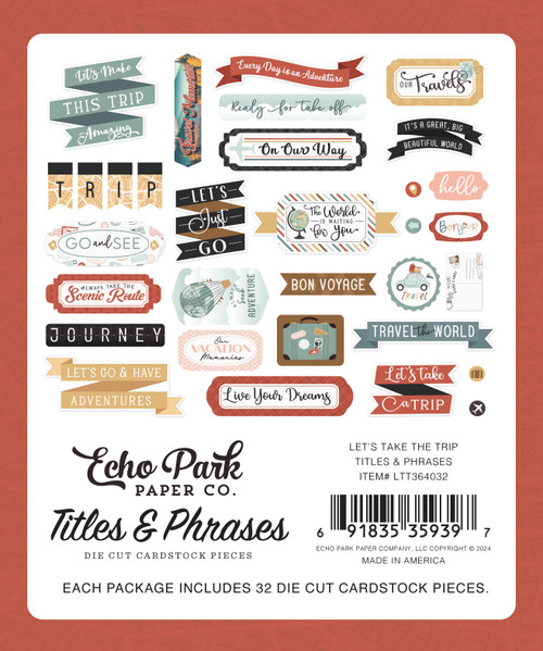 3 Pack Echo Park Cardstock Ephemera 33/Pkg-Titles & Phrases, Let's Take The Trip TT364032