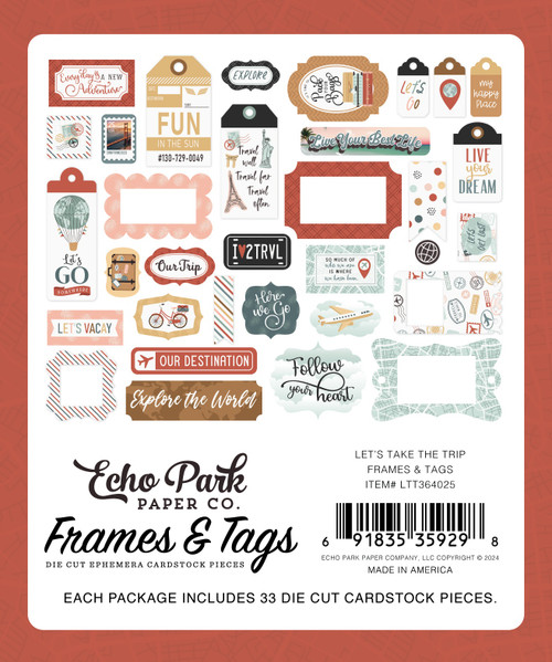 3 Pack Echo Park Cardstock Ephemera 33/Pkg-Frames & Tags, Let's Take The Trip TT364025