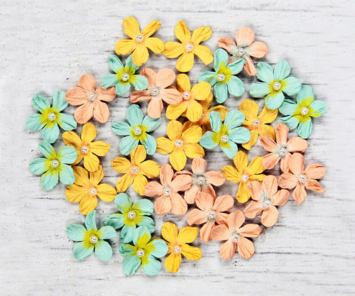 6 Pack Little Birdie Pearl Petites Paper Flowers 32/Pkg-Pastel Palette PEARLPT-69573 - 8903236514179