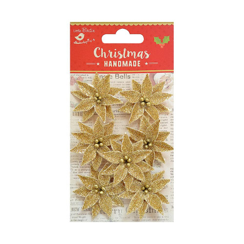 6 Pack Little Birdie Christmas 3D Glitter Small Poinsettia 7/Pkg-Gold CR79735 - 8903236618464