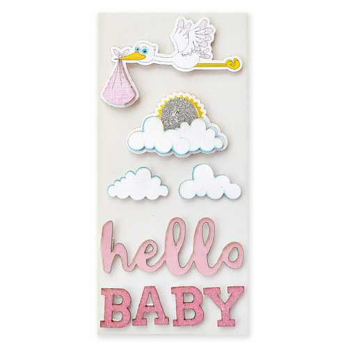 6 Pack Little Birdie Hello Baby Sticker Embellishment 9/Pkg-Pink CR66488