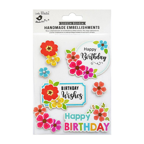 6 Pack Little Birdie Floral Embellishment 7/Pkg-Birthday Wishes CR77683 - 8903236597561