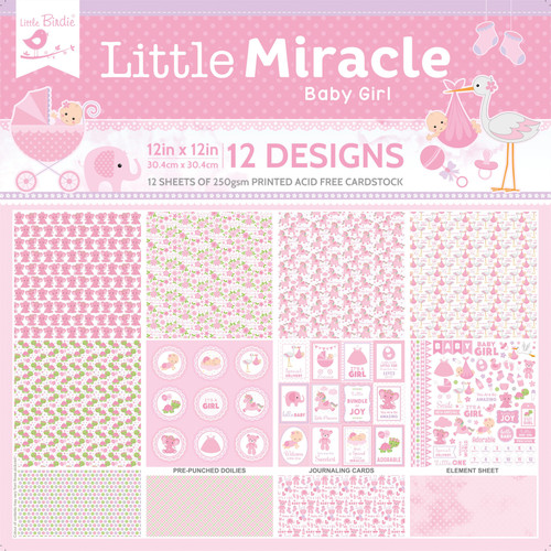 3 Pack Little Birdie Little Miracle Cardstock Pack 12"X12" 12/Pkg-Baby Girl CR85668 - 8903236680607