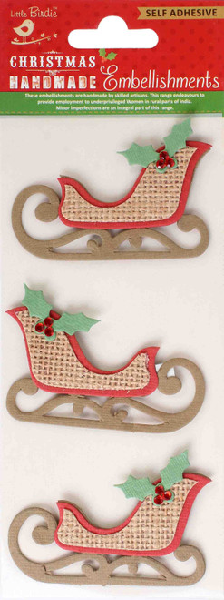 6 Pack Little Birdie Christmas Burlap Sticker Embellishment 3/Pkg-Sleigh CR30986 - 8903236186895
