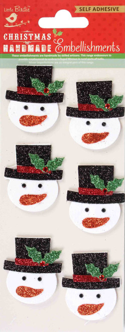 6 Pack Little Birdie Christmas Adhesive Embellishment 6/Pkg-Snowman Glitter Fun CR76153 - 8903236582253