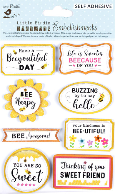 Little Birdie Glitter Embellishments 8/Pkg-Bee Happy CR91495 - 8903236739480