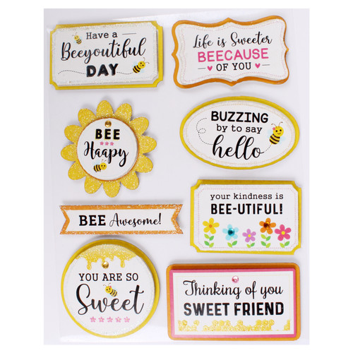 Little Birdie Glitter Embellishments 8/Pkg-Bee Happy - CR91495
