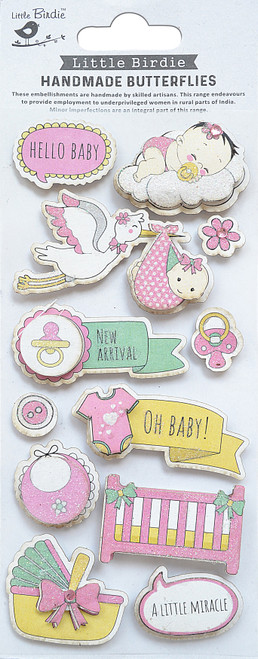 Little Birdie Baby Embellishments 12/Pkg-New Arrival Pink - BABYEM10-83928 - 8903236662221