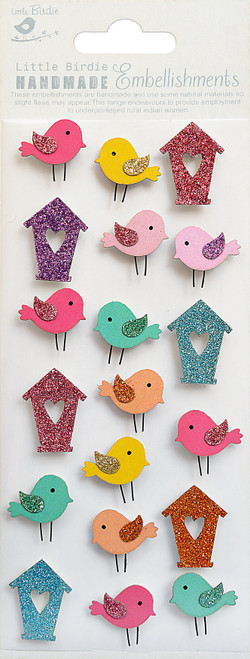 Little Birdie Mini Glitter Embellishments 19/Pkg-Bird & Birdhouse CR78695 - 8903236607833