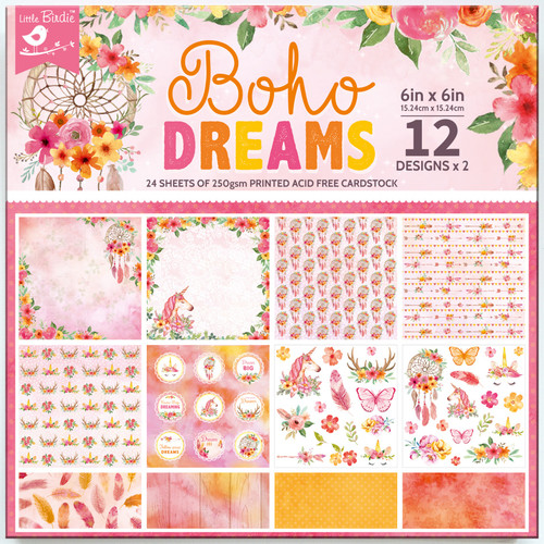 Little Birdie Cardstock Pack 6"X6" 24/Pkg-Boho Dreams - CR83875 - 8903236661682 Little Birdie Cardstock Pack 6"X6" 24/Pkg-Boho Dreams - CR83875 - 8903236661682