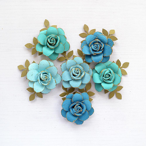 Little Birdie Pixie Rose Paper Flowers 6/Pkg-Aqua Medley PIXIEROS-79405